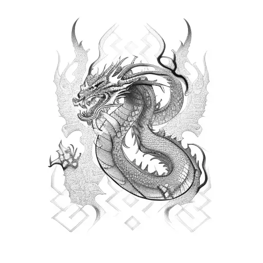 Combine Tribal Patterns With The Image Of A Dragon In A Dotwork Style