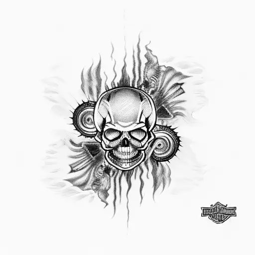 Harley Davidson Engine Surrounded By Flames With Human Skull At The Bottom
