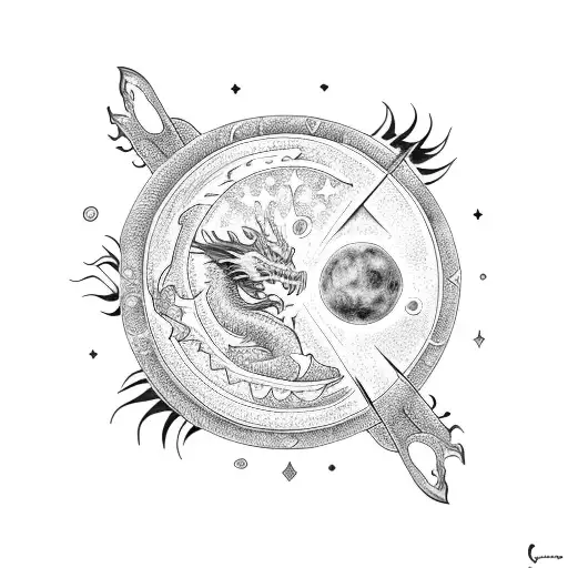 Dragon With Sun And Moon And Stars