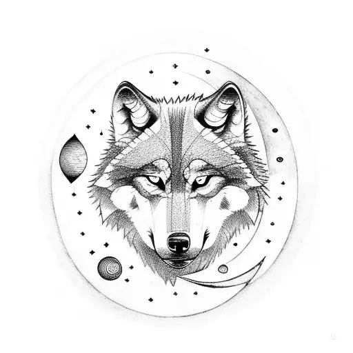 Wolf Whole Body With Sun And Moon And Stars