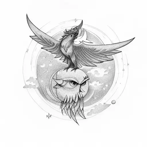Pheonix With Sun And Moon And Stars