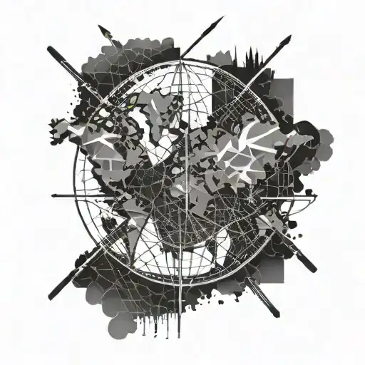 A Geometric World Map With Hockey Sticks As Compass Needles