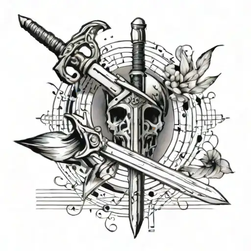 A Minimalist Tattoo Of A Knife And Sword Crossed Over A Sheet Music Staff