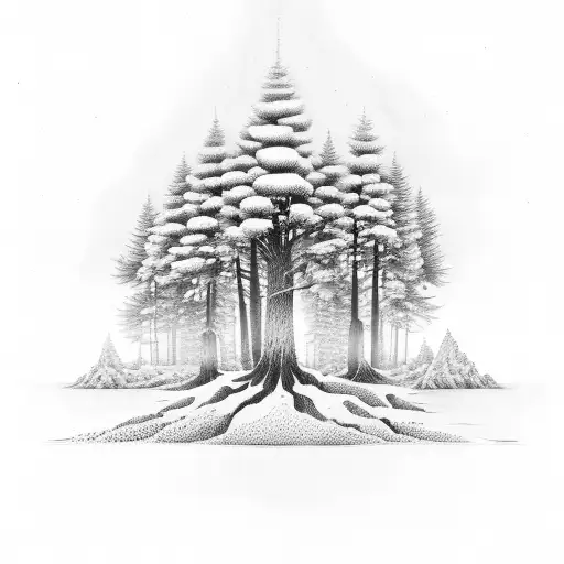 4 Pine Tree Silouhettes Overlapping With Intertwined Roots