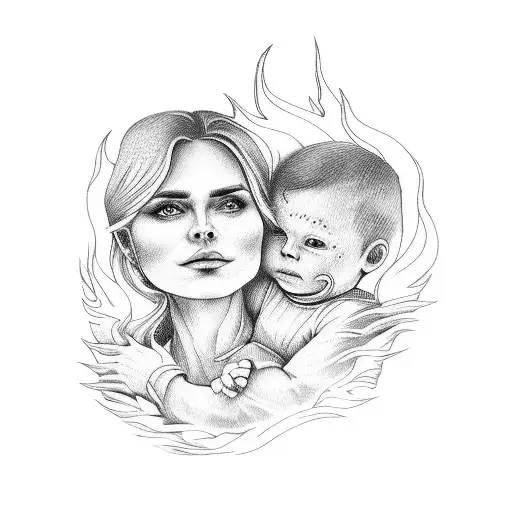 Mom Carrying Kid In Arms Through Flames