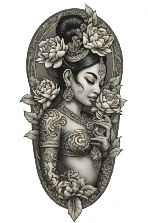 Khmer Apsara With Peonies And Roses