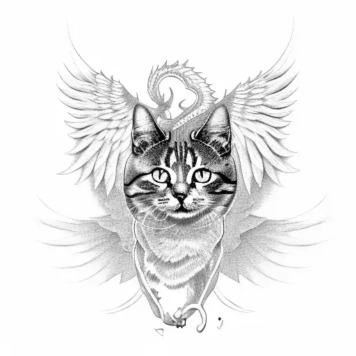 A Cat With Angel Wings Sitting On Top Of A Dragon's Head