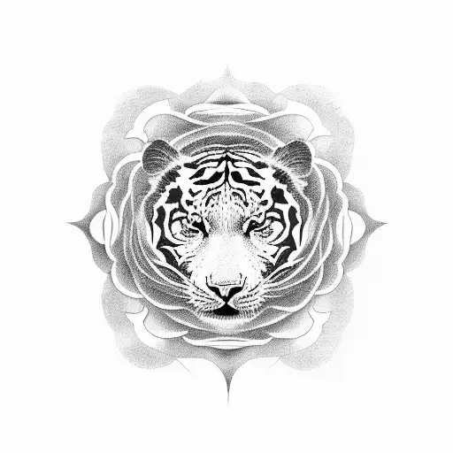 Dotwork Flowers Forming A Yin Yang Symbol With A Tiger's Face In The Center