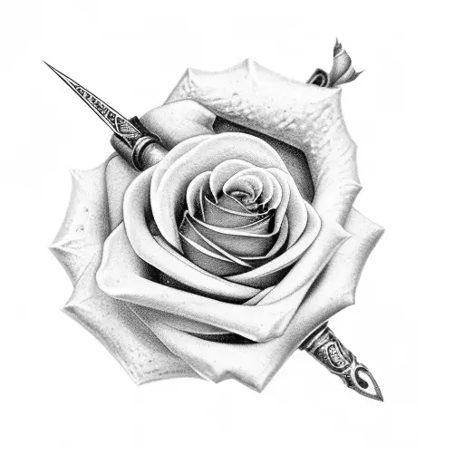 Realistic Dagger With Traditional Rose In Black And Grey