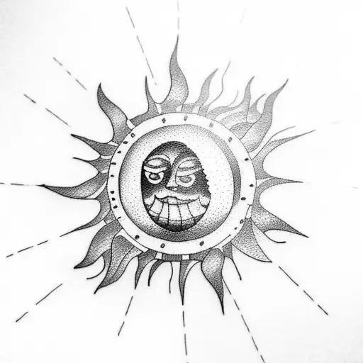 A Dotwork Tattoo Of A Sun Setting Over A Serene Tropical Beach