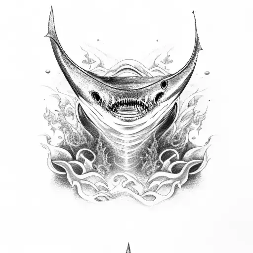 An Intricate Black And Grey Tattoo Of A Shark Surrounded By Swirling Ocean Waves
