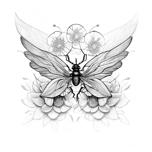 A Black And Grey Tattoo Of A Bug With Wings Made Of Delicate Flower Petals
