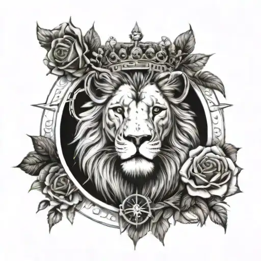 Lion Wearing Crown Of Roses Infront Of A Compass Surrounded