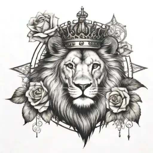 Lion Wearing Crown Of Roses Infront Of A Compass Surrounded