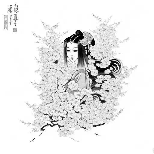 A Beautiful Geisha Surrounded By Cherry Blossoms
