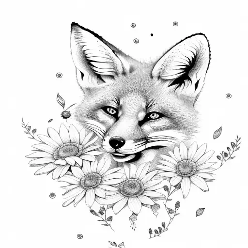 Line Art Fox With Daisies