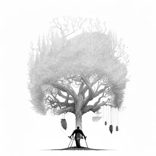 An Arborist Scaling A Giant Tree During A Lightning Storm