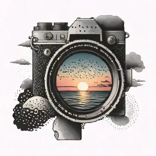 A Camera Lens Capturing A Breathtaking Sunset Over The Ocean