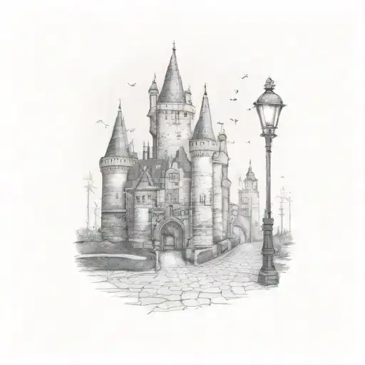 Gothic Castle Behind Cobblestone Street At Night With Lampposts