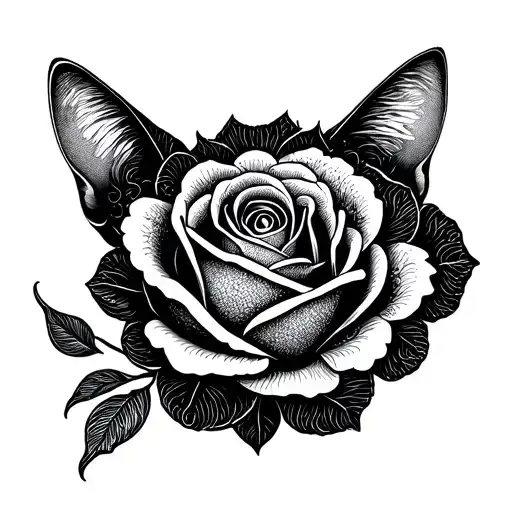 An Elegant Dotwork Rose Intertwined With A Cat Silhouette