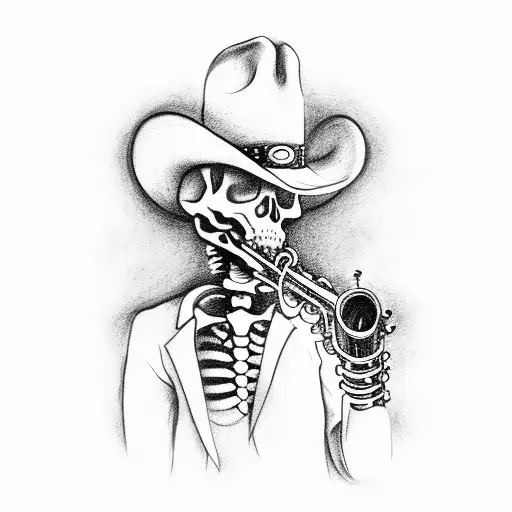 Skeleton Wearing Cowboy Hat Holding Saxophone