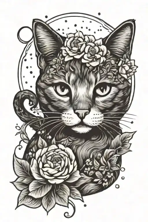 Kawaii Cat With A Peony And The Moon Surrounded