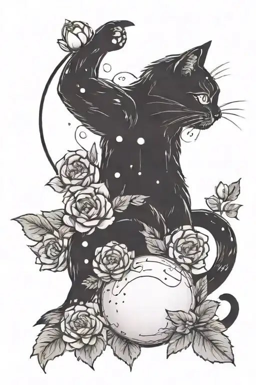 Kawaii Cat Playing With A Peony Flowers And A Moon In Background
