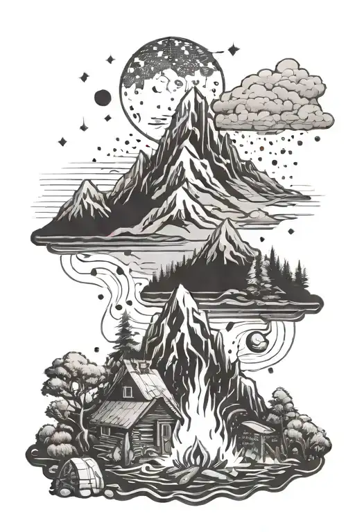 A Mountain Landscape With A Campfire And Musical Notes Floating In The Sky
