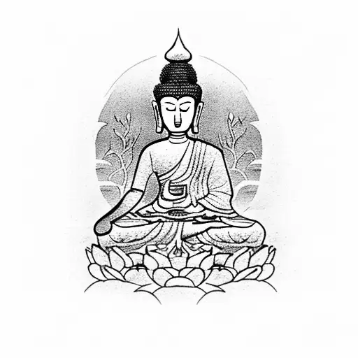 A Serene Zen Garden With A Meditating Buddha Statue