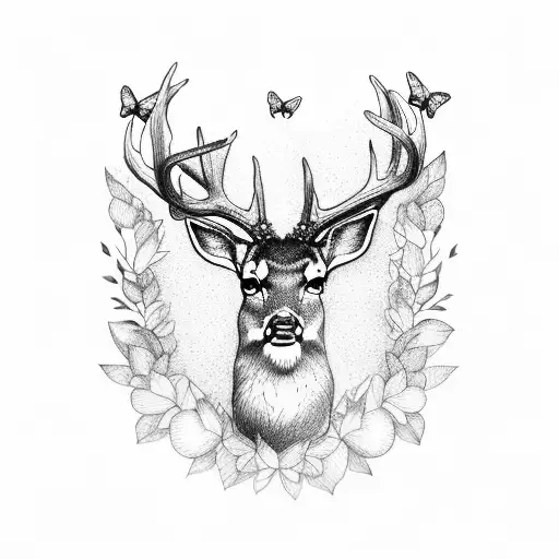 Deer Tattoo Design In The Plain Of Butterflies