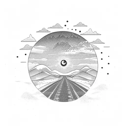 A Desert Landscape With A Silhouette Of A 1967 Mustang Driving Into The Sunset