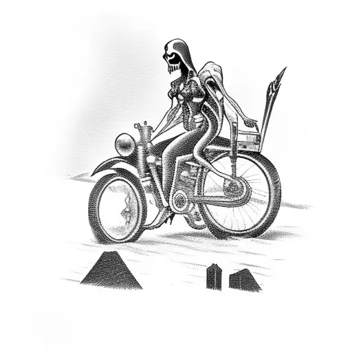Grim Reaper And Pin-up Girl Riding A Motorcycle Through A Cemetery