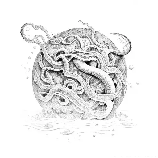 A Dotwork Design Of A Basketball And A Kraken Battling Underwater