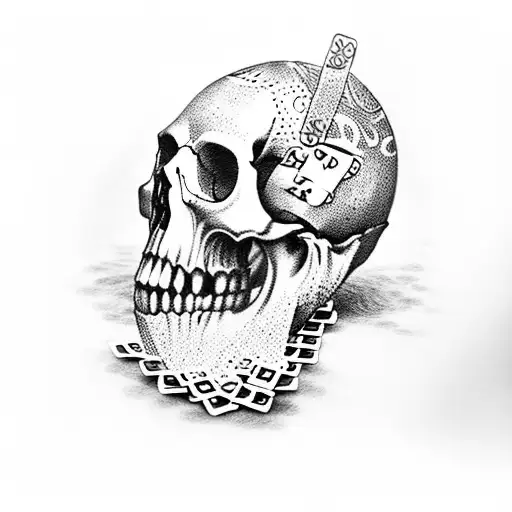 A Dotwork Tattoo Of A Skull With A Deck Of Cards Spilling Out From Its Mouth