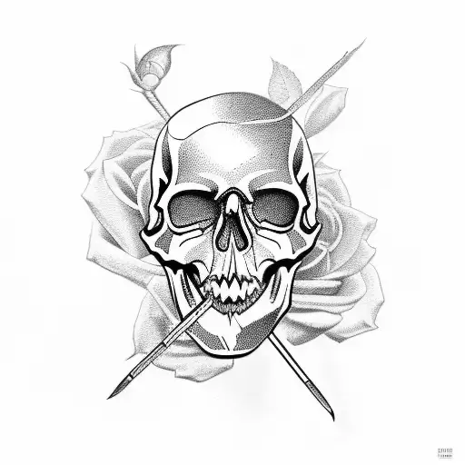 A Realistic Tattoo Of A Skull With A Rifle And Money Roses