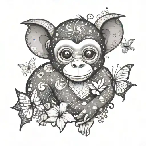 Cute Cartoon Style Monkey And White Butterflies Surrounding
