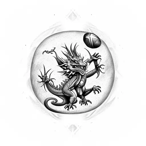 Neo-traditional Dragon With Rugby Ball And Flames