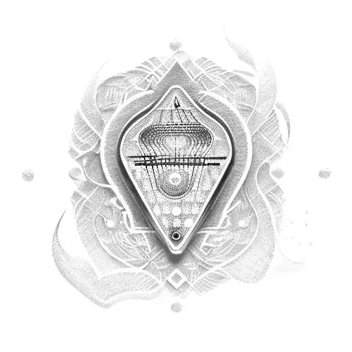 A Dotwork Tattoo Of A Guitar Pick Surrounded By Musical Symbols And The Letter H In The Center