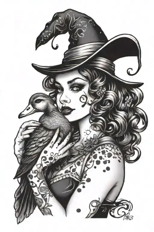 Witchy Pin Up Holding A Duck