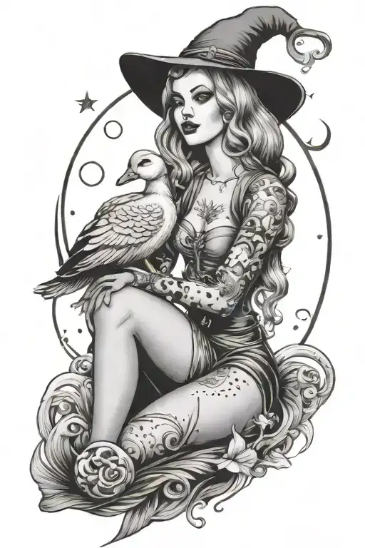 Witchy Pin Up Holding A Duck Moon Behind