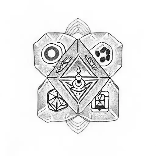 A Dotwork Tattoo Of A Lucky Dice With Japanese Symbols Representing Travel And Adventure