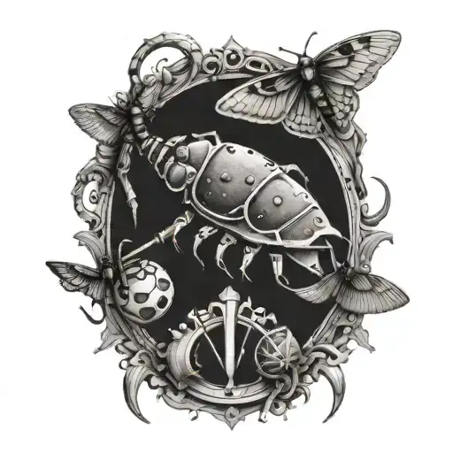 A Tattoo Design Of Creepy Elements Like Bugs And Scythes In A Dotwork Style
