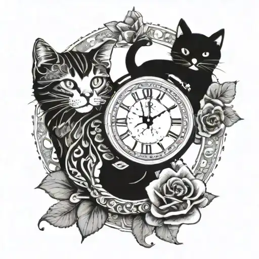 Clock With Flower And Wave And Cat