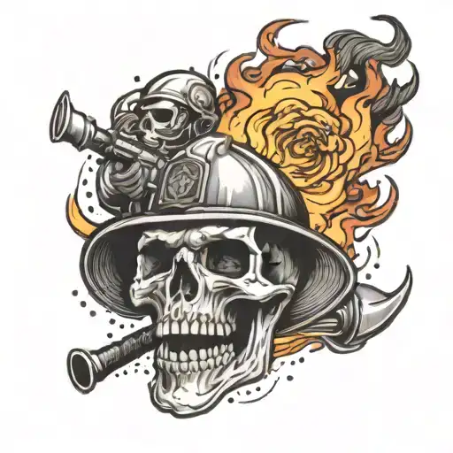 A Firefighter Battling Flames With A Skull Engulfed In Fire In The Background