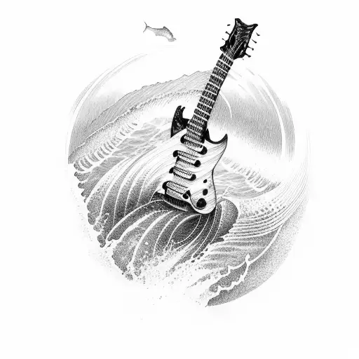 A Beach Scene With A Guitar And Waves Forming Musical Staff Lines