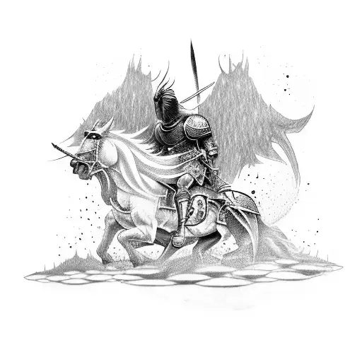 Create A Tattoo Featuring A Knight Battling A Mythical Creature In A Forest Setting