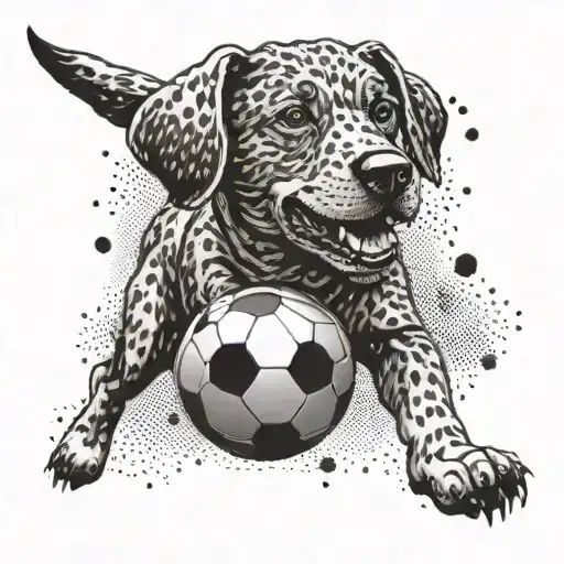 A Dotwork Tattoo Of A Stylized Dog Playing Soccer