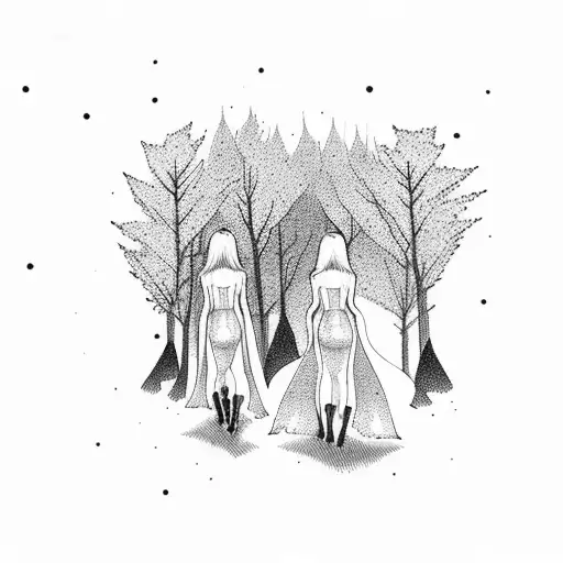 A Moonlit Forest Scene With A Woman And A Wolf Walking Side By Side