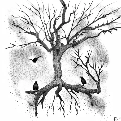 Ravens Perching On The Branches Of A Dead Oak Tree With A Dead Soldier At The Ba