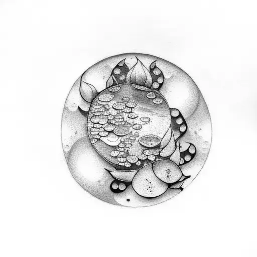 A Dotwork Tattoo Of A Serene Pond With Lily Pads And A Reflection Of The Moon